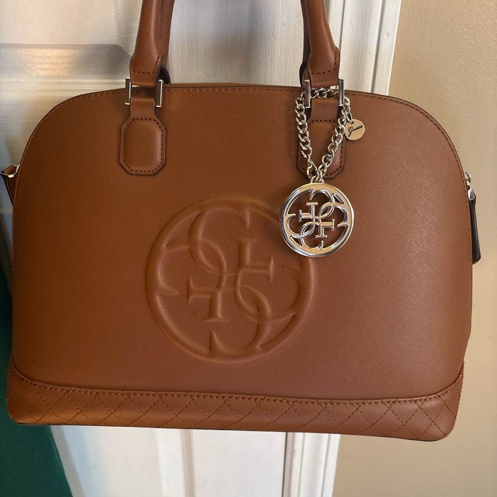 Guess Tan Satchel with Silver Logo Charm